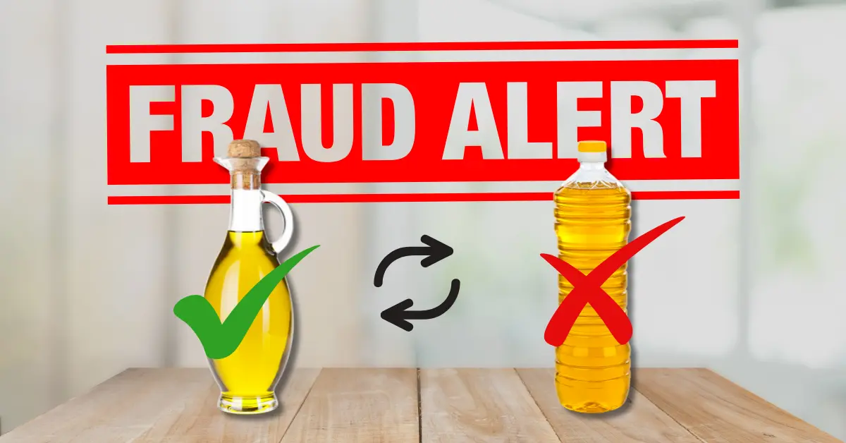 Kuva kuvastaa elintarvikepetosta, jossa tuotetta myydään toisena tuotteena. Taustalla teksti "Fraud alert"